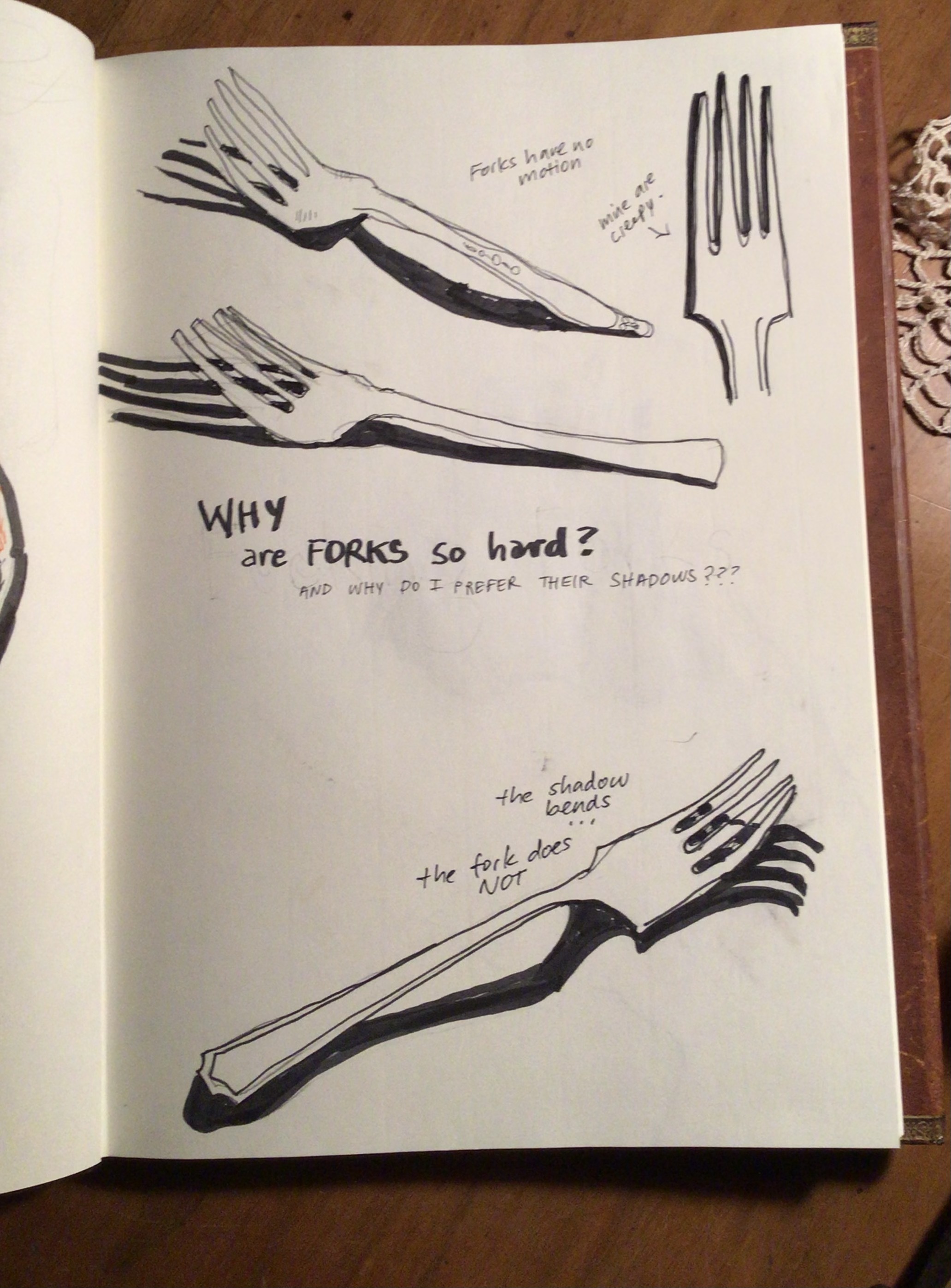 pen and ink drawing of forks and their terrifying shadows.