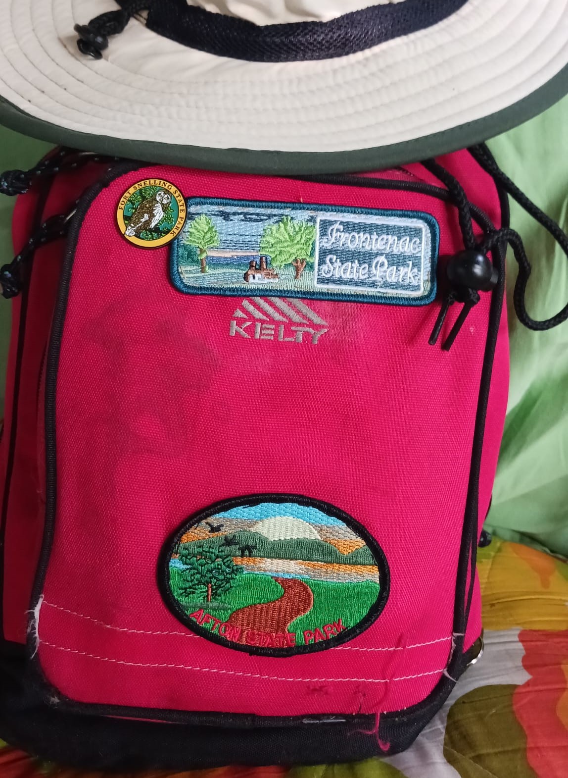 A red backpack with Minnesota State Park badges and pins on it.
