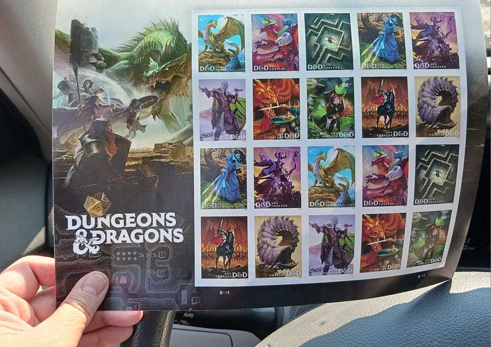 A sheet of 20 stamps depicting various monsters and classes made famous in the TTRPG Dungeons & Dragons